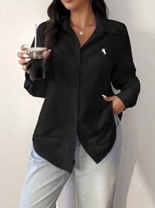SHEIN EZwear 春夏季大码黑色简约休闲衬衫 - 黑色 - 查看 3