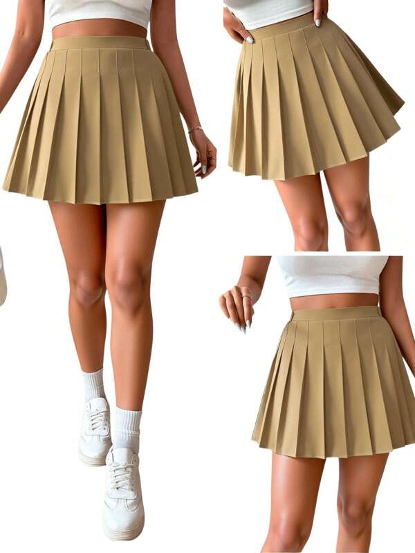 SHEIN Wildeya 2-In-1 Pleated High-Waist Skirt With Inner Safety Shorts, Versatile For Teens/Youth, Suitable For Pairing With Blouse, T-Shirt, Polo Shirt, Summer