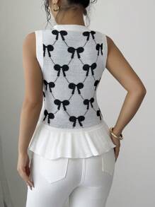 Elenzga Suéter Casual Feminino de Tricô com Decote em V e Bloco de Cores - Branco - Visão 2