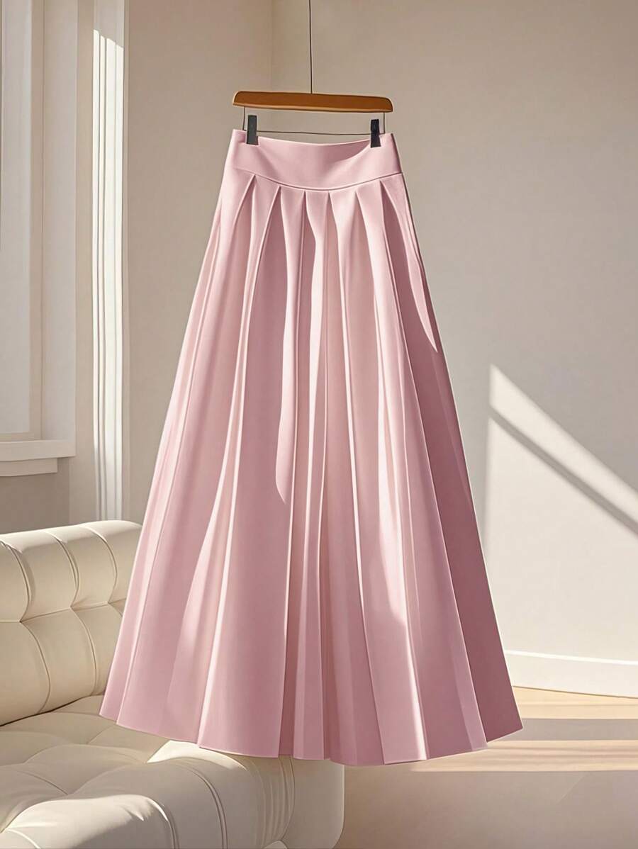 SHEIN Clasi Chân váy chữ A xếp ly cạp cao thời trang dành cho nữ, dáng ôm, màu trơn đơn giản, đa năng, xuân/hè - Hồng - Xem 1