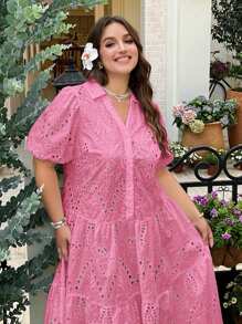 SHEIN EZwear Vestido fucsia bordado con diseño calado para talla grande - Rosa Fucsia - Ver 5