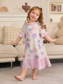 Young Girl' Light Purple Puffed & Ruffled Trim Short Sleeve Ruffle Hem Dress - Mauve Purple - View 3