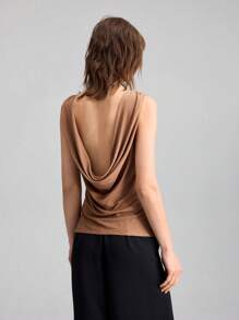 Ontre Women's Elegant Coffee Brown Lyocell Sleeveless Top,Summer Date Night Backless Urban Style Flap Collar Metal Decor Music Festival 2025 New Style - Brown - View 1