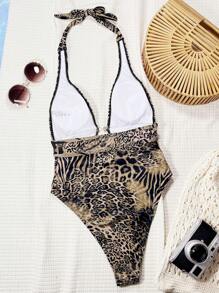 Swim Chiccia Leopard Print Plunge Neck Sexy Backless Swimsuit, Festival Boho For Summer Beach Vacation