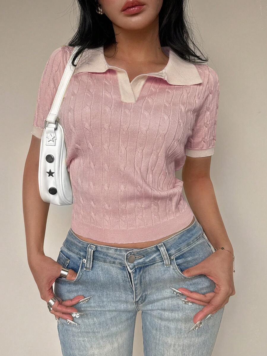 TRNVIE 夏季休闲扭绳撞色Polo领针织上衣