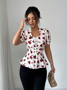 Elenzga Blusa de manga corta elegante con estampado de rosas, cuello con adorno de encaje, para uso diario y para ir al trabajo - Multicolor - Ver 4