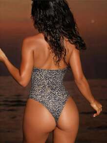 Swim SXY 女士连体豹纹交叉露背比基尼泳装，性感欧美泳衣 - 彩色 - 查看 2