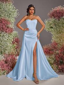 Glamrae Elegant Romantic Sexy Satin Strapless Backless High Slit Fishtail Formal Evening Gown, Party Dress, For Wedding Guest