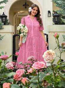SHEIN EZwear Vestido fucsia bordado con diseño calado para talla grande - Rosa Fucsia - Ver 4