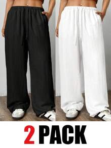 SHEIN EZwear Set de 2 pantalones para mujer talla grande, blanco y negro
