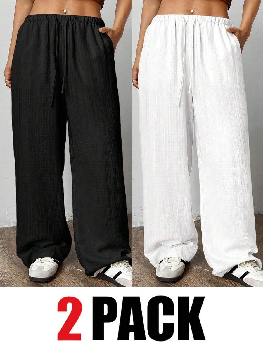 SHEIN EZwear Set de 2 pantalones para mujer talla grande, blanco y negro