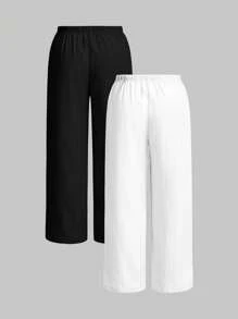 SHEIN EZwear Set de 2 pantalones para mujer talla grande, blanco y negro