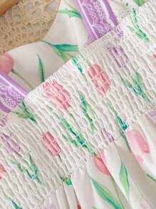 年轻女孩可爱郁金香印花盖袖蝴蝶结装饰蓬松连衣裙，碎花公主裙，春夏新品