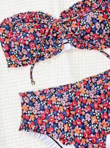 Women's Floral Print Sexy Bandeau Bikini Swimsuit Set, Beach Summer, Random Print Ruffled Edge - Multicolor - View 3