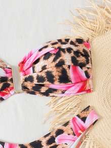 Swim Vcay Traje de baño de 2 piezas de top tubo sexy y estampado ajustado para mujer, look casual de vacaciones en la playa