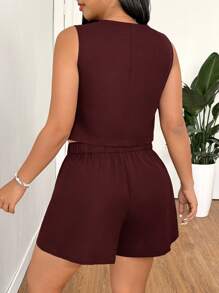 SHEIN EZwear Conjunto de chaleco y pantalones cortos de talla grande de unicolor para uso casual y de viaje, para primavera/verano