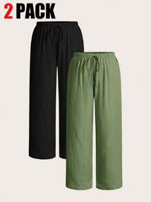 SHEIN EZwear 2pcs/Set Plus Size Women Olive Green & Black Color Pants, Wide Leg Pants For Women, Baggy Pants