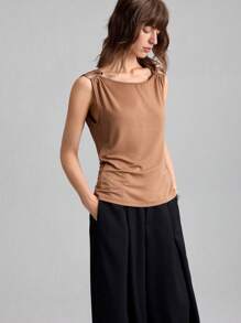 Ontre Women's Elegant Coffee Brown Lyocell Sleeveless Top,Summer Date Night Backless Urban Style Flap Collar Metal Decor Music Festival 2025 New Style - Brown - View 6