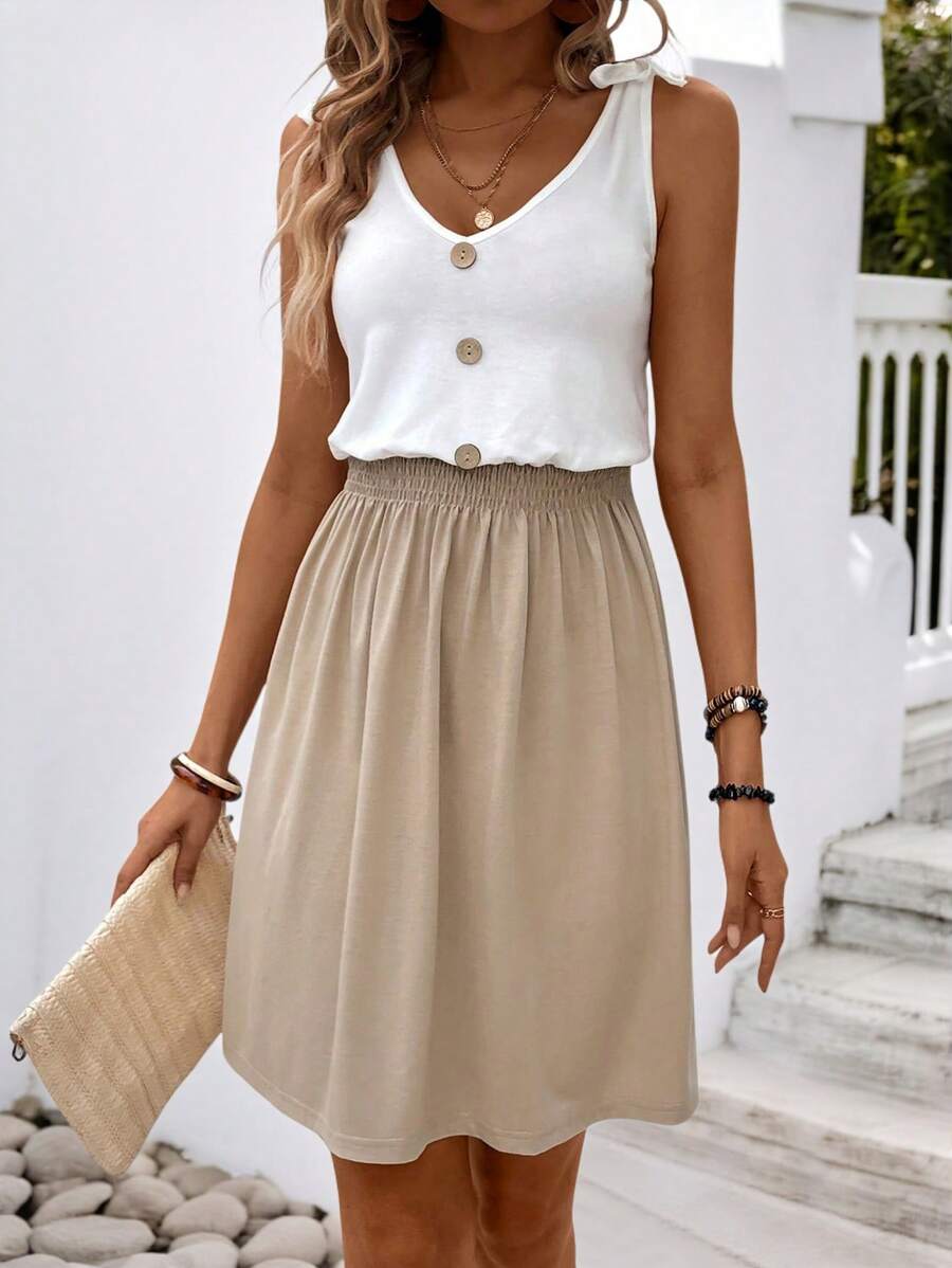 SHEIN Tall Summer Casual Color Blocking Button Decorated Waist Wrap Dress