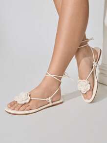 CUCCOO CHICEST Women's Woven Camellia Ankle Strap Square Toe Flat Sandals, Elegant And Romantic Casual White Knitted Ladies Flat Sandals For Afternoon Tea, Vacation, Beach And Hawaii Style