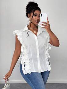 Plus Size Woven Elegant Romantic Vacation Lace Sleeveless Shirt - White - View 4