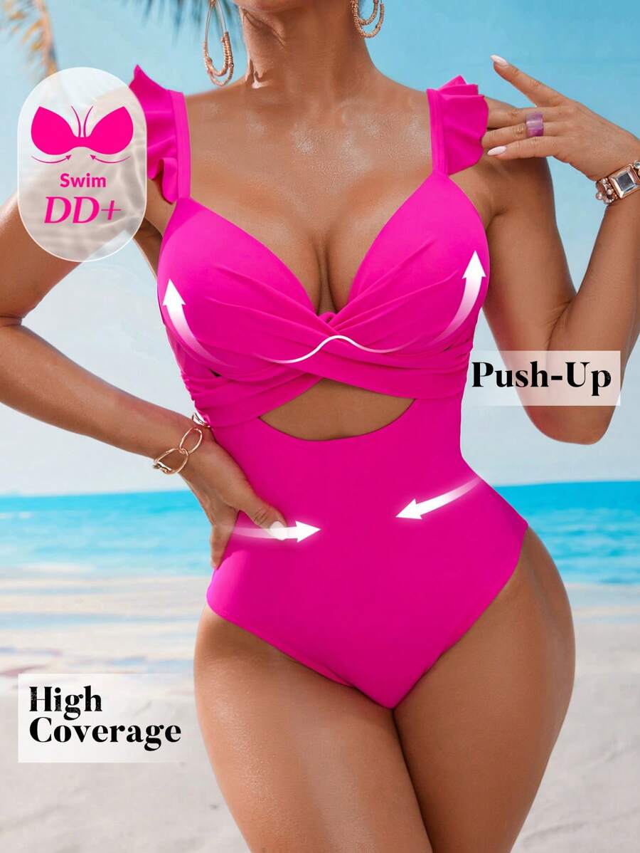 Swim DD+ 女士时尚纯色 DD 罩杯性感交叉前带飞边文胸，夏季 - 玫紅色 - 查看 1