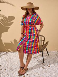 EMERY ROSE Vestido informal de verano talla grande con mangas cortas, botones delanteros y estampado a cuadros para vacaciones - Multicolor - Ver 3