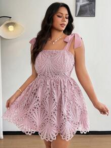 Flirla Vestido elegante y romántico de encaje con lazo y calado para tallas grandes - Rosa - Ver 1