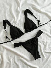 Swim Vcay Summer Beach Women's Solid Color Pleated Sexy Bikini Set For Holiday, Two-Piece - Black - View 4