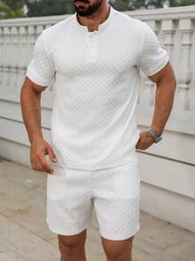 Manfinity Homme Men's White Summer Casual 2 Pieces Outfits Jacquard Trapezoidal Pattern Stand Collar Short Sleeve POLO Shirt & Drawstring Shorts Set,Vacation Holiday - White - View 6