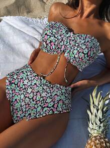 Women Summer Beach Floral Print Sexy Split Bikini Set. Prints Are Random, Ruffles Without Locked Edges. - Multicolor - View 1