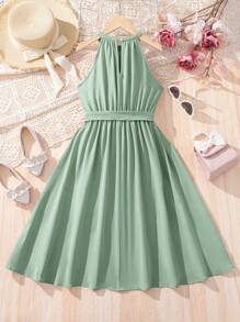 SHEIN Tween Girls Elegant Stand Collar Detachable Belt Ruffled Hem Midi Dress - Mint Green - View 2