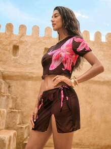 SHEIN Swim Set di bikini sexy con laccetti e stampa floreale, con top a fascia e coprispalle, e gonna, per l'estate e la spiaggia
