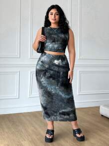 Solflare 2pcs Plus Size Set: Brown Tie-Dye Vest & Skirt,Spring Summer Clothes - Black - View 4