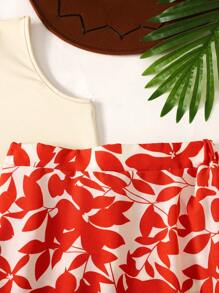 SHEIN Leap Crew Tween Girls Vacation Casual Knit Collared Sleeveless Top & Ditsy Floral Mini Skirt 2-Piece Set - Orange - View 3