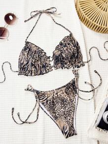 Slaydiva 2025 Animal Print Ruffle Trim Bikini Set, Vacation Beach Swimwear For Summer - Multicolor - View 3