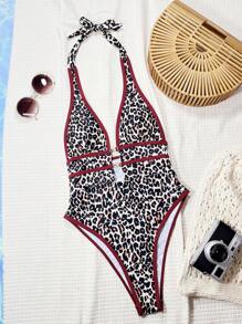 Swim Chiccia Springbreak Leopard Print Deep V Neck Sexy One-Piece Swimsuit, Festival Boho For Summer Beach Vacation - Multicolor - View 6