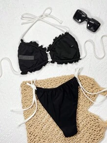 Slaydiva 2-Piece 2025 Summer Swimwear With Ruffle Trim, Fashionable Black Bikini - Black - View 2