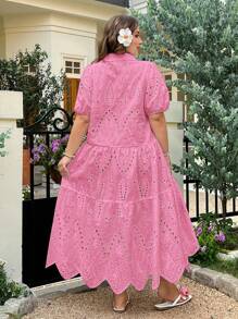 SHEIN EZwear Vestido fucsia bordado con diseño calado para talla grande - Rosa Fucsia - Ver 2