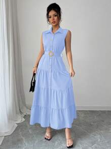 Women's Single-Breasted Sleeveless Shirt Dress With Ruffled Hem In Solid Color - Pearl White - View 5