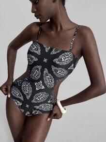 Ontre 2025 New Arrival, Beach Swimsuit, Comfortable Casual Style, Printed Pattern, Spaghetti Straps, Waist Cutout, Black & White Printed, One-Piece Swimsuit For Women, Beach Outfit, Bohemian Style Resort Wear, Summer Ins Influencer Same Style, Exotic Atmosphere, Country Music Festival, Western Style, Premium Fabric, Comfortable - Black and White - View 1
