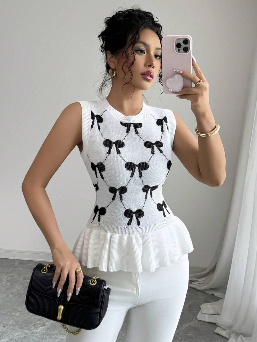 Elenzga Suéter Casual Feminino de Tricô com Decote em V e Bloco de Cores - Branco - Visão 1