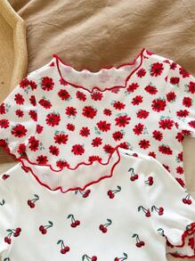 SHEIN LMoss Kids 4pcs/Set Cute Floral Graphic Pattern Ruffle Round Neck Short Sleeve Top & Shorts, Baby Girl Casual Comfy Sleepwear Set, Summer Cartoon - Red and White - View 3