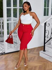 SHEIN SXY Jeans de talla grande de unicolor con bolsillo con abertura y longitud 7/8