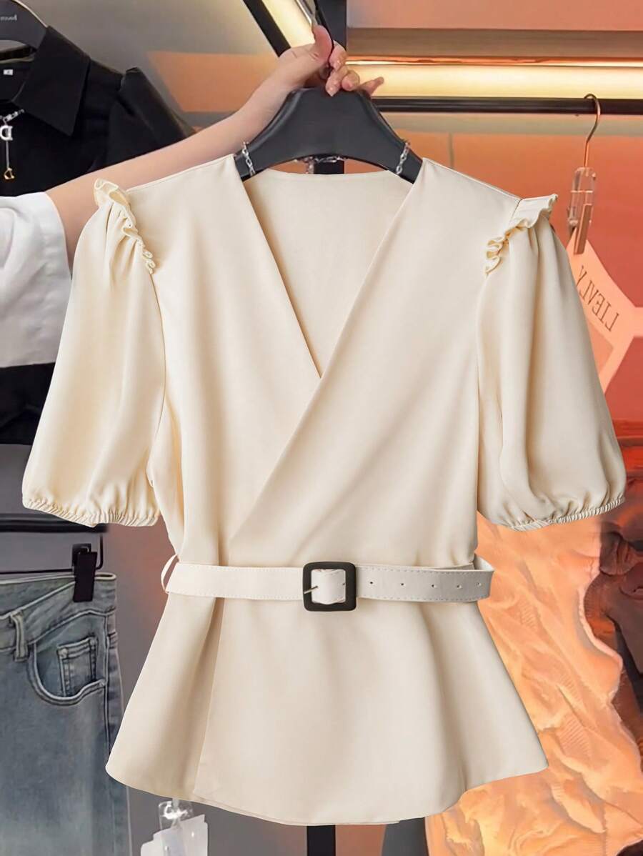 SHEIN Clasi Women's Summer Puff Sleeve Gathered Waist V-Neck Blouse, Woven Fabric, Graceful Casual Chic Lightweight Versatile Design - Apricot - View 1