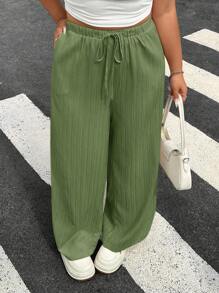 SHEIN EZwear 2pcs/Set Plus Size Women Olive Green & Black Color Pants, Wide Leg Pants For Women, Baggy Pants