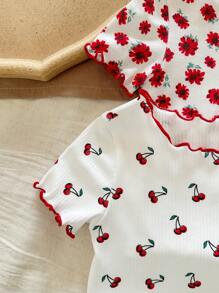 SHEIN LMoss Kids 4pcs/Set Cute Floral Graphic Pattern Ruffle Round Neck Short Sleeve Top & Shorts, Baby Girl Casual Comfy Sleepwear Set, Summer Cartoon - Red and White - View 5