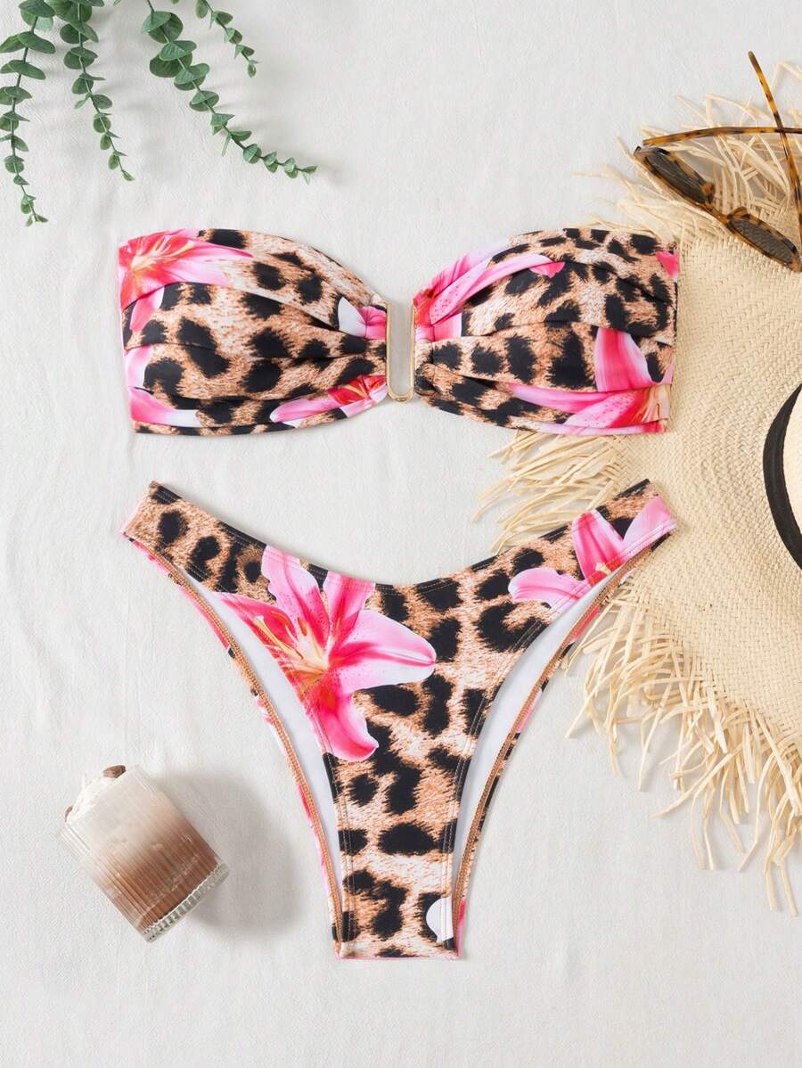 Swim Vcay Traje de baño de 2 piezas de top tubo sexy y estampado ajustado para mujer, look casual de vacaciones en la playa