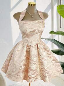 Chiquease 无袖提花迷你连衣裙，优雅夏季露背领口 - 粉色 - 查看 1