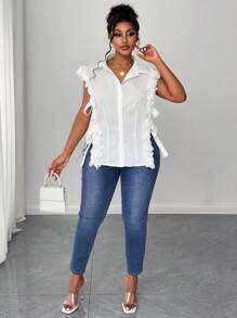 Plus Size Woven Elegant Romantic Vacation Lace Sleeveless Shirt - White - View 6